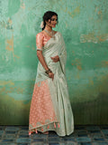 RAMA GREEN WITH PEACH Linen Cotton Saree With Blouse Piece