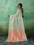 RAMA GREEN WITH PEACH Linen Cotton Saree With Blouse Piece