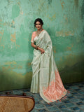 RAMA GREEN WITH PEACH Linen Cotton Saree With Blouse Piece