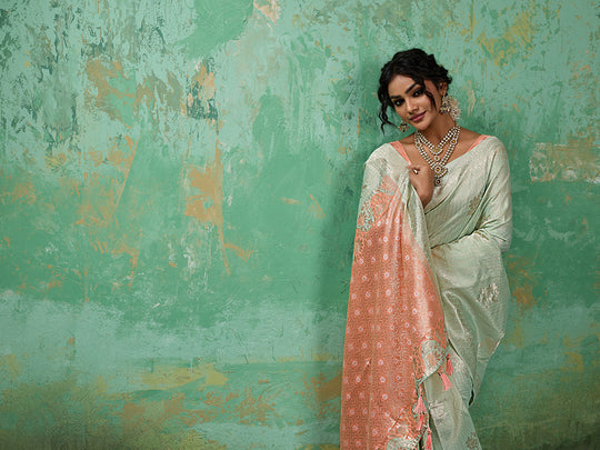RAMA GREEN WITH PEACH Linen Cotton Saree With Blouse Piece
