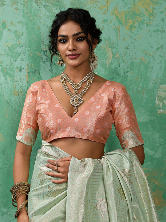 RAMA GREEN WITH PEACH Linen Cotton Saree With Blouse Piece