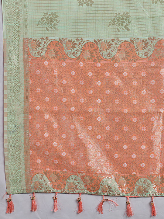 RAMA GREEN WITH PEACH Linen Cotton Saree With Blouse Piece