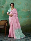 PINK COLOR WITH RAMA GREEN BORDAR Linen Cotton SILK Saree With Blouse Piece