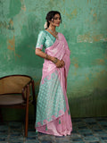 PINK COLOR WITH RAMA GREEN BORDAR Linen Cotton SILK Saree With Blouse Piece