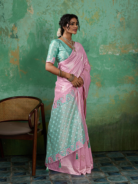 PINK COLOR WITH RAMA GREEN BORDAR Linen Cotton SILK Saree With Blouse Piece
