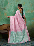PINK COLOR WITH RAMA GREEN BORDAR Linen Cotton SILK Saree With Blouse Piece