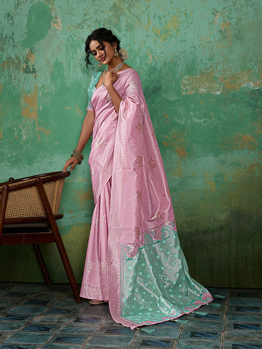 PINK COLOR WITH RAMA GREEN BORDAR Linen Cotton SILK Saree With Blouse Piece