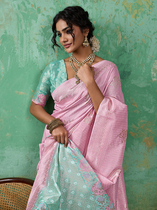 PINK COLOR WITH RAMA GREEN BORDAR Linen Cotton SILK Saree With Blouse Piece