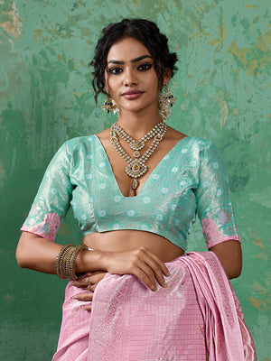 PINK COLOR WITH RAMA GREEN BORDAR Linen Cotton SILK Saree With Blouse Piece