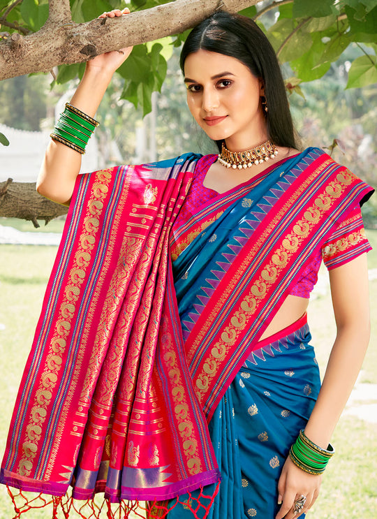 Blue Soft silk Saree With Blouse Piece