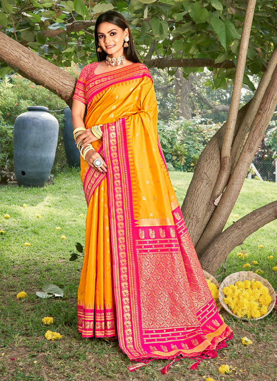 Yellow Soft silk Saree With Blouse Piece