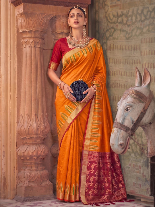Orange Yellow Soft Silk Saree With Blouse Piece