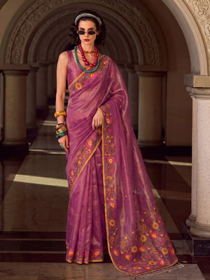 Dark Pink Tissue Silk Saree With Blouse Piece