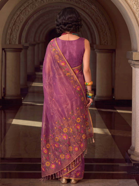 Dark Pink Tissue Silk Saree With Blouse Piece