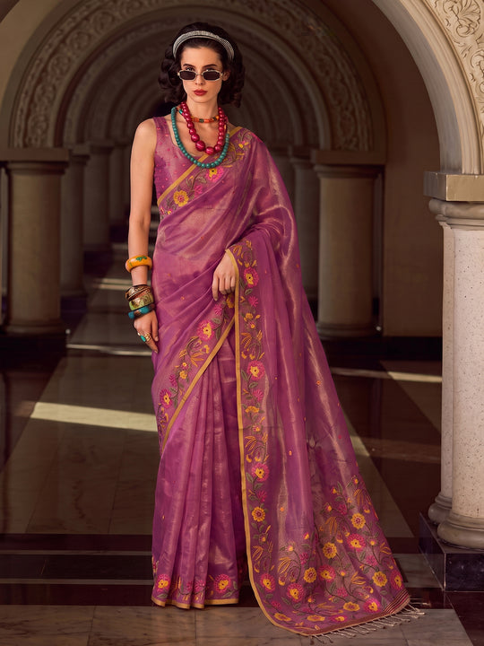 Dark Pink Tissue Silk Saree With Blouse Piece