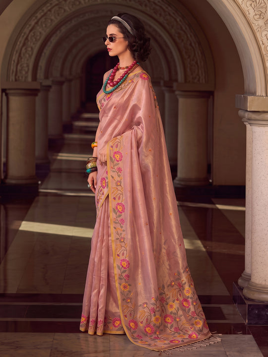 Light Pink Tissue Silk Saree With Blouse Piece
