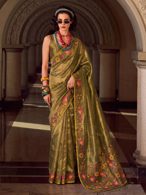 Olive Green Tissue Silk Saree With Blouse Piece