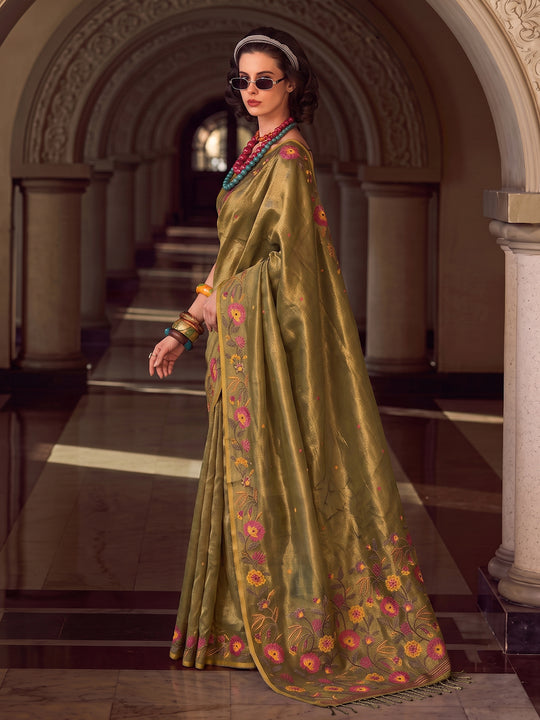 Olive Green Tissue Silk Saree With Blouse Piece