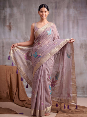 Purple Linen Cotton Saree With Blouse Piece