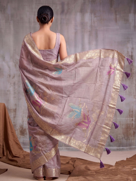 Purple Linen Cotton Saree With Blouse Piece