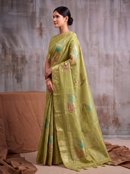 Light Green Linen Cotton Saree With Blouse Piece