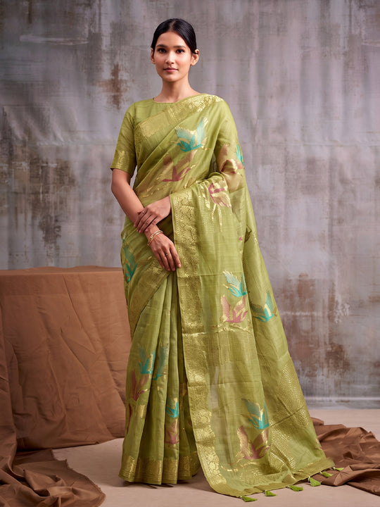 Light Green Linen Cotton Saree With Blouse Piece