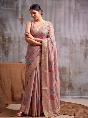 LIGHT Pink Linen Cotton Saree With Blouse Piece