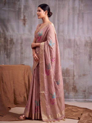 LIGHT Pink Linen Cotton Saree With Blouse Piece