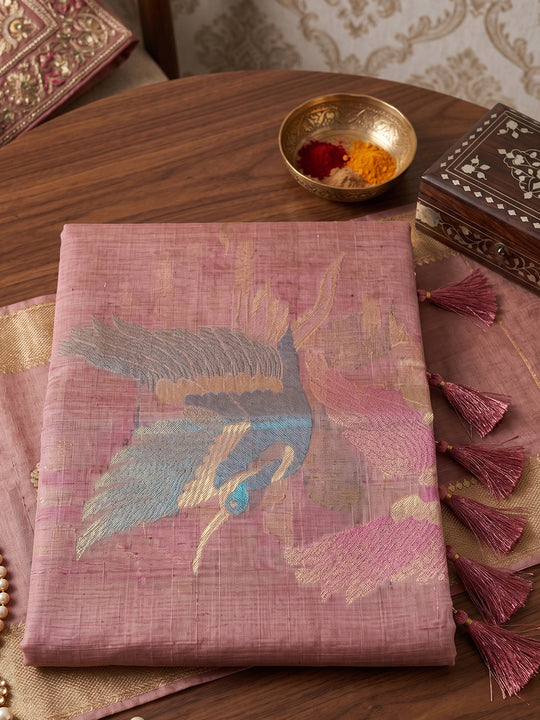 LIGHT Pink Linen Cotton Saree With Blouse Piece
