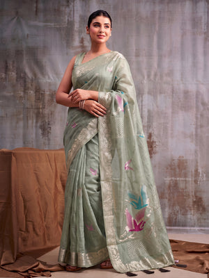 Green Linen Cotton Saree With Blouse Piece
