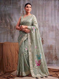 Green Linen Cotton Saree With Blouse Piece