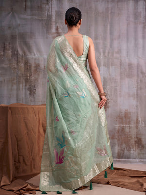 Green Linen Cotton Saree With Blouse Piece