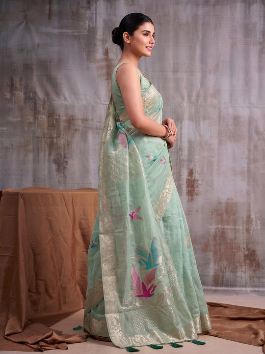 Green Linen Cotton Saree With Blouse Piece
