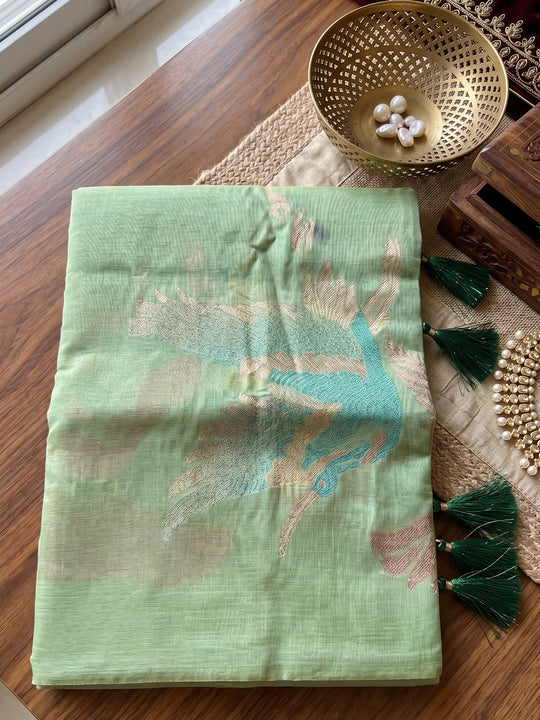 Green Linen Cotton Saree With Blouse Piece