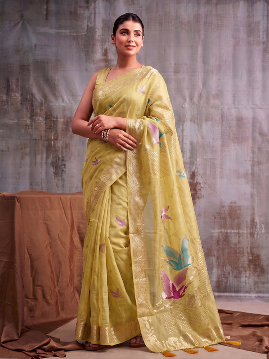 Mustrd Linen Cotton Saree With Blouse Piece