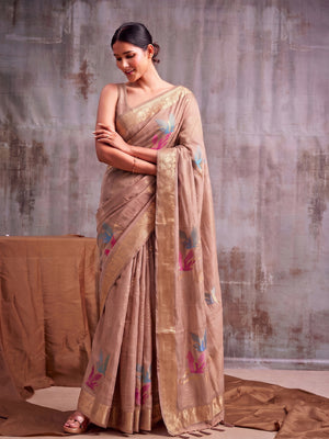 LIGHT PEACH Linen Cotton Saree With Blouse Piece