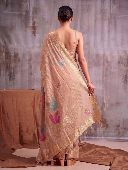 LIGHT PEACH Linen Cotton Saree With Blouse Piece