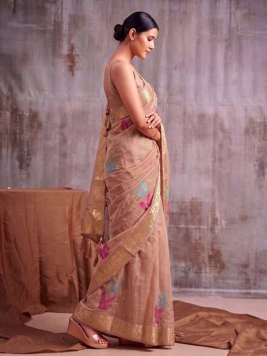 LIGHT PEACH Linen Cotton Saree With Blouse Piece