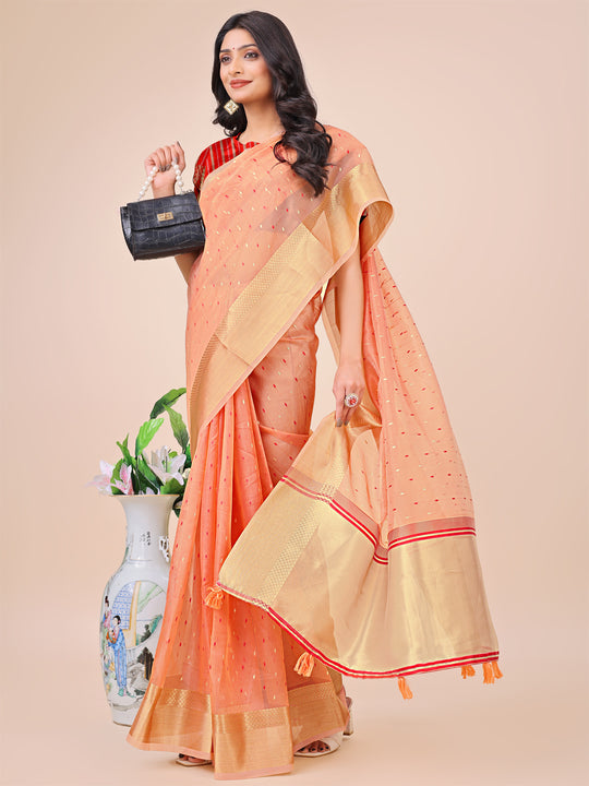 Peach Organza Saree With Blouse Piece