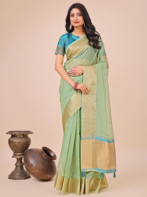 Green Organza Saree With Blouse Piece