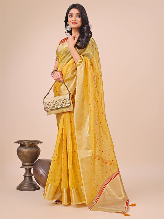 Yellow Organza Saree With Blouse Piece