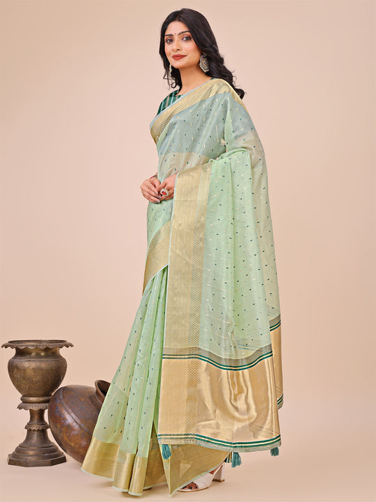 Olive Green Organza Saree With Blouse Piece