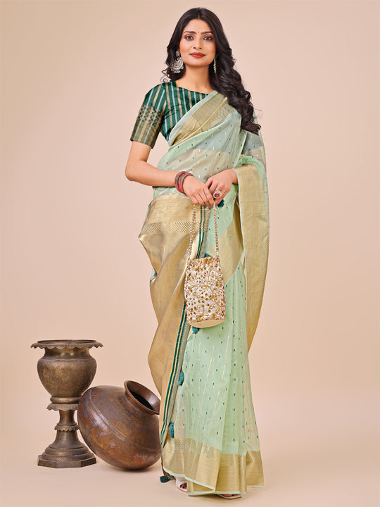 Olive Green Organza Saree With Blouse Piece
