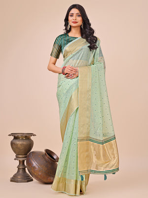 Olive Green Organza Saree With Blouse Piece