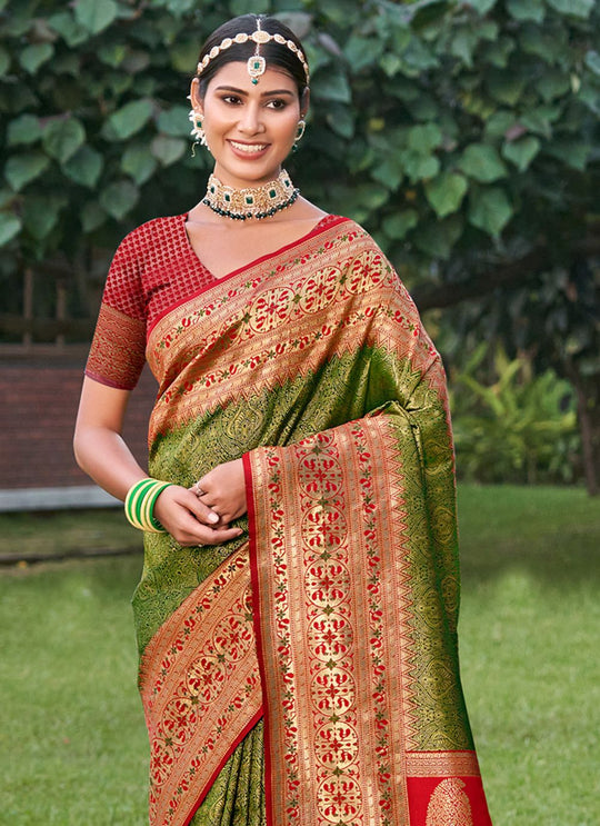 Mehandi golden Banarasi silk Saree With Blouse Piece