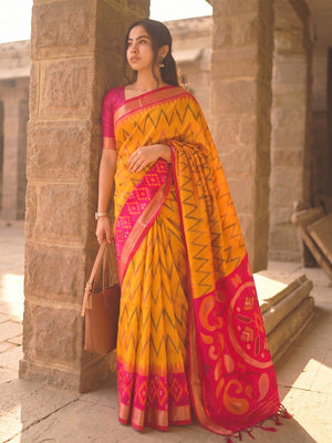 YELLOW Soft Silk Saree With Blouse Piece
