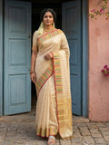 Cream Silk Blend Saree With Blouse Piece