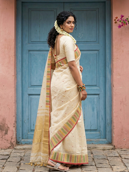 Cream Silk Blend Saree With Blouse Piece