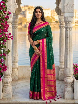 GREEN SILK BLEND Saree With Blouse Piece
