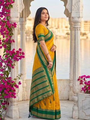 MUSTRD YELLOW SILK BLEND Saree With Blouse Piece